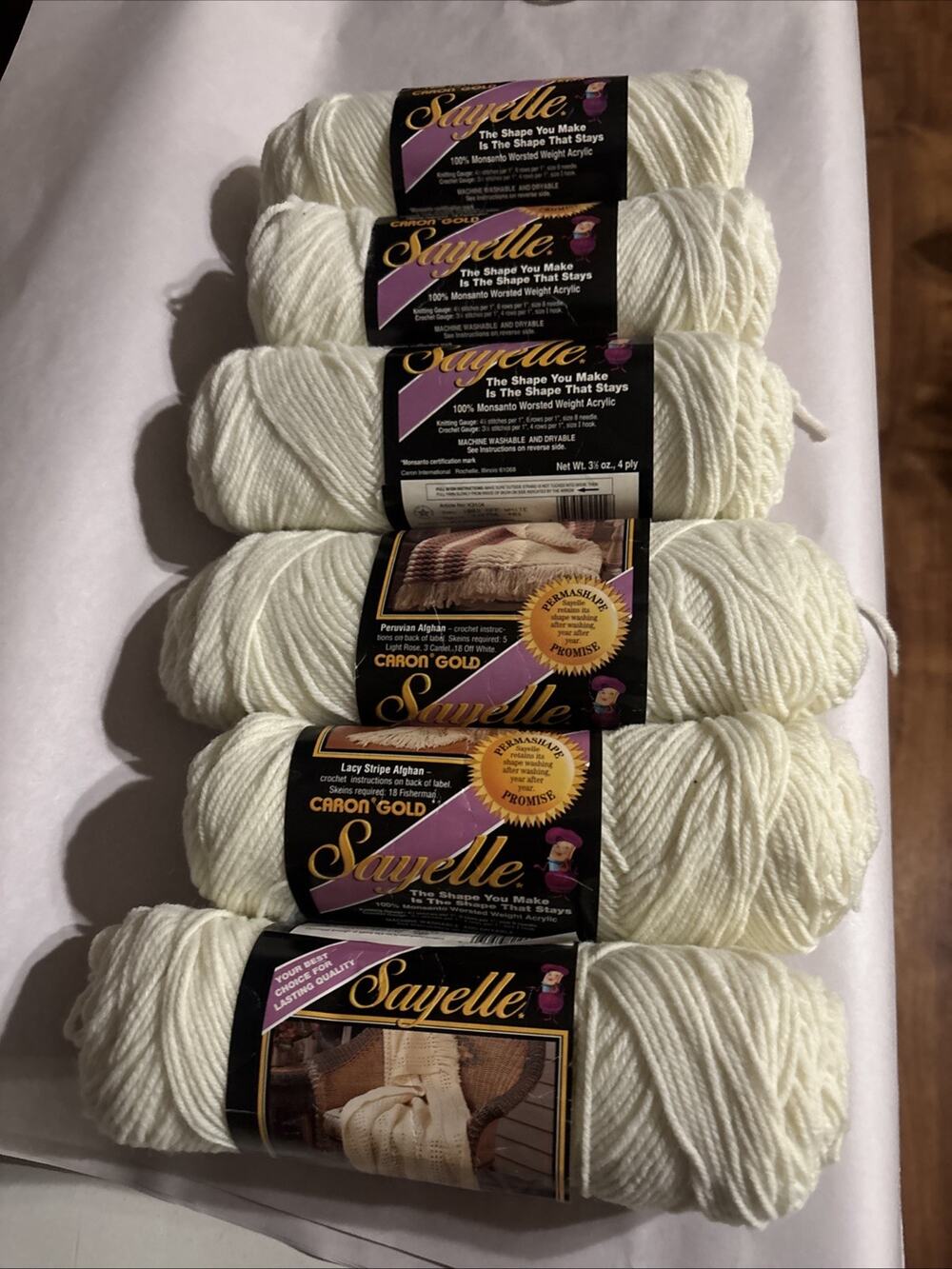 Lot Of 6 Vintage Caron Gold Sayelle Yarn 3.5 oz Off White #1002 4 Ply